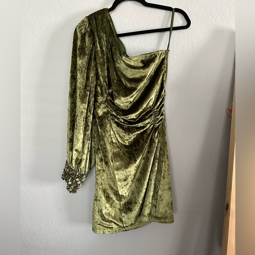 Nirmoorha sold by Anthropologie Velvet one shoulder mini dress